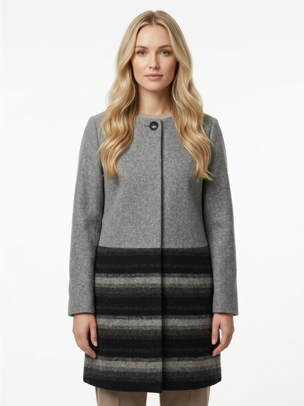 Ciaopanic Collarless Coat Colorblock Striped Wool Blend Grey Black Size F